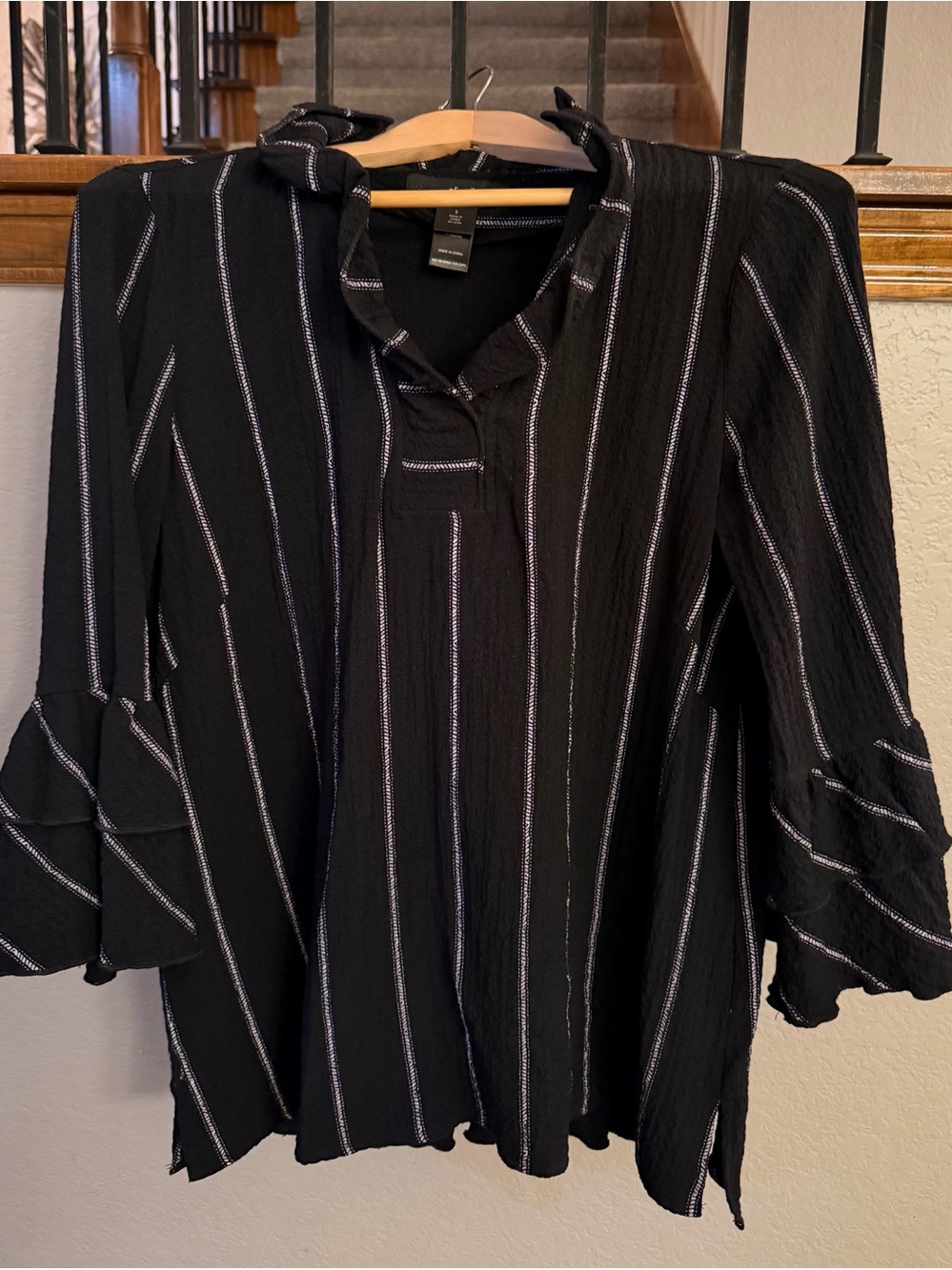 Ali Miles Black Striped V-Neck Tunic with Ruffle Sleeves